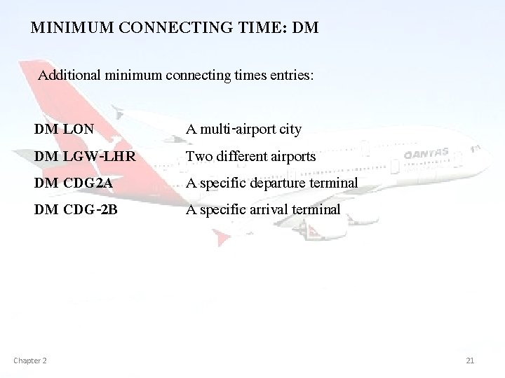 MINIMUM CONNECTING TIME: DM Additional minimum connecting times entries: DM LON DM LGW-LHR DM