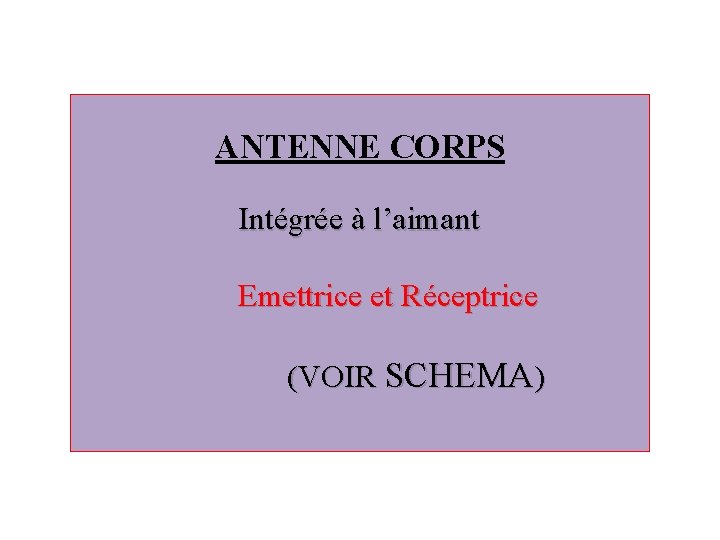 ANTENNE CORPS Intégrée à l’aimant Emettrice et Réceptrice (VOIR SCHEMA) 