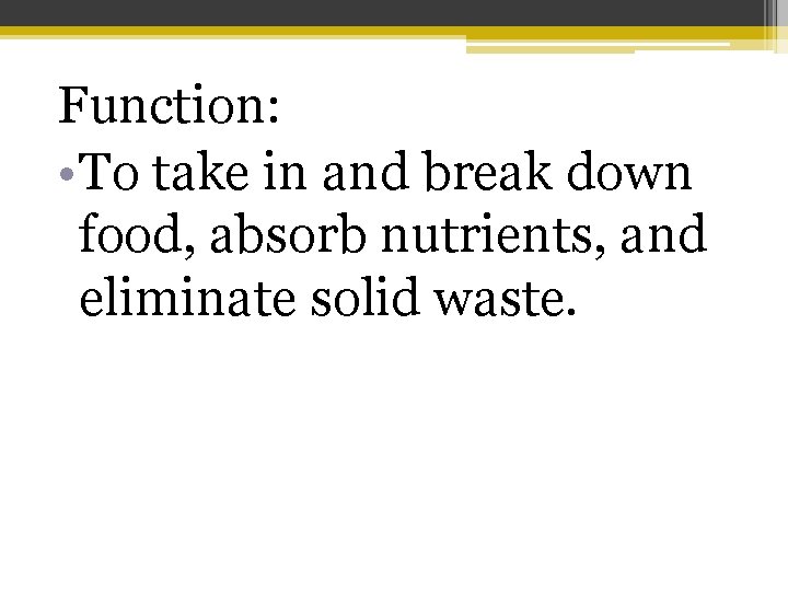 Function: • To take in and break down food, absorb nutrients, and eliminate solid