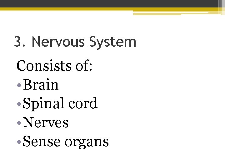 3. Nervous System Consists of: • Brain • Spinal cord • Nerves • Sense