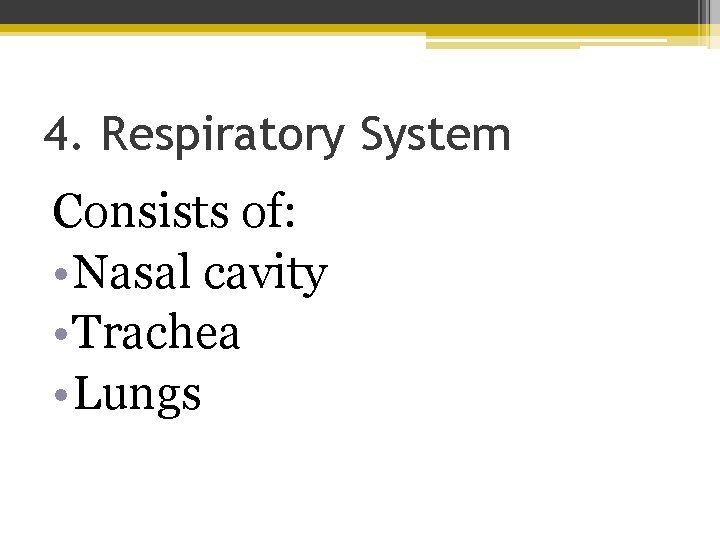 4. Respiratory System Consists of: • Nasal cavity • Trachea • Lungs 