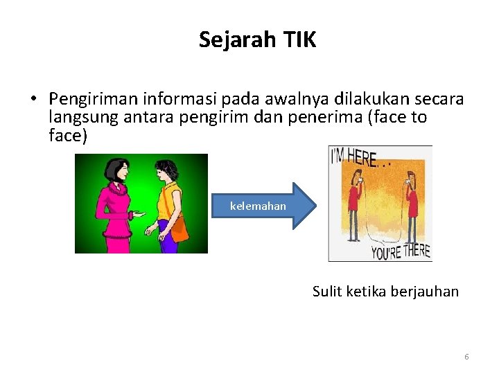 Sejarah TIK • Pengiriman informasi pada awalnya dilakukan secara langsung antara pengirim dan penerima