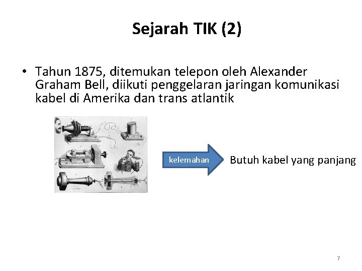 Sejarah TIK (2) • Tahun 1875, ditemukan telepon oleh Alexander Graham Bell, diikuti penggelaran