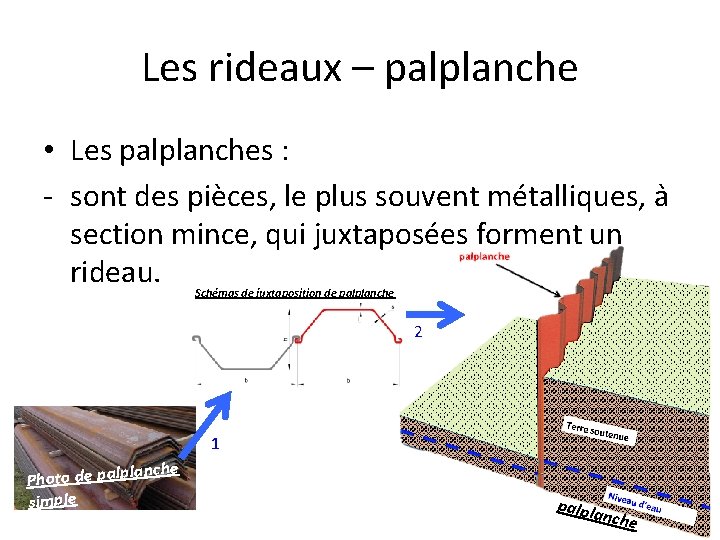 Les rideaux – palplanche • Les palplanches : - sont des pièces, le plus