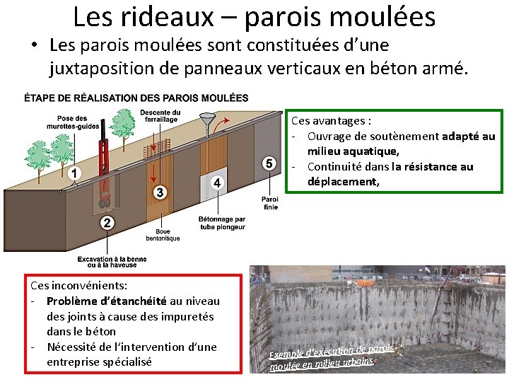 Les rideaux – parois moulées • Les parois moulées sont constituées d’une juxtaposition de