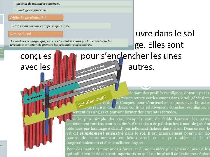 Les rideaux • Les palplanches sont mis en œuvre dans le sol par battage,