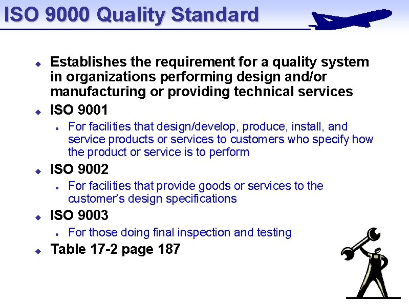 ISO 9000 Quality Standard u u Establishes the requirement for a quality system in