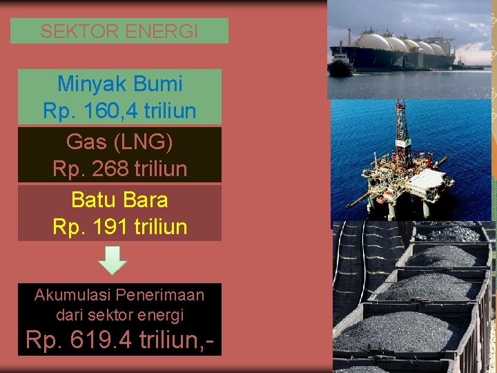 SEKTOR ENERGI Minyak Bumi Rp. 160, 4 triliun Gas (LNG) Rp. 268 triliun Batu