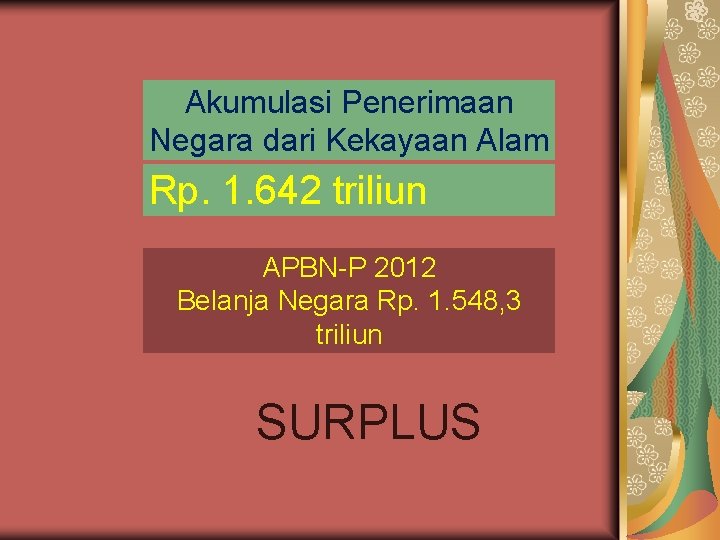 Akumulasi Penerimaan Negara dari Kekayaan Alam Rp. 1. 642 triliun APBN-P 2012 Belanja Negara