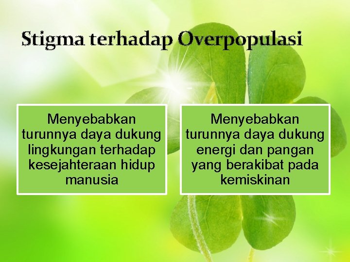 Stigma terhadap Overpopulasi Menyebabkan turunnya daya dukung lingkungan terhadap kesejahteraan hidup manusia Menyebabkan turunnya