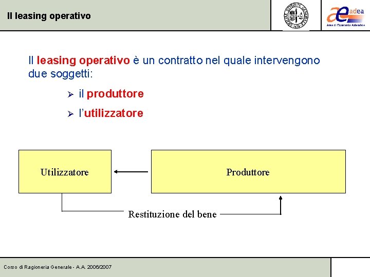 Il leasing operativo è un contratto nel quale intervengono due soggetti: Ø il produttore