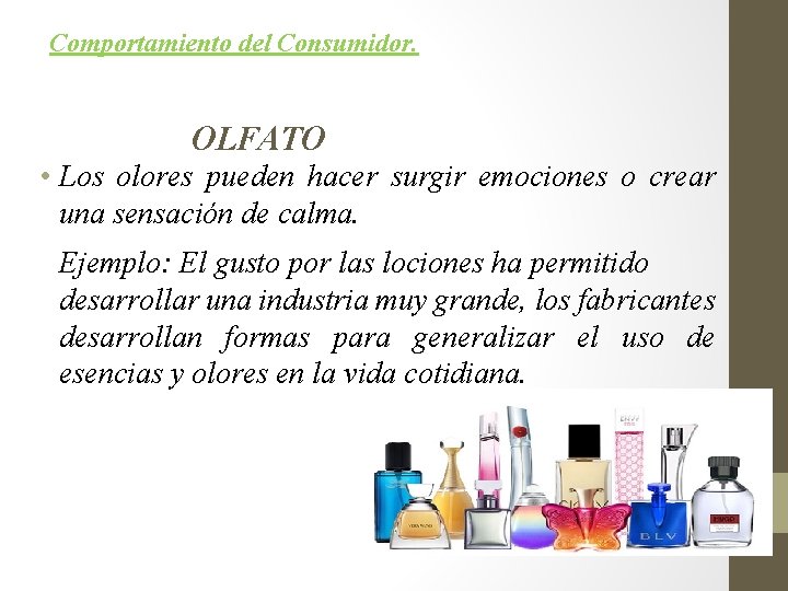 Comportamiento del Consumidor. OLFATO • Los olores pueden hacer surgir emociones o crear una