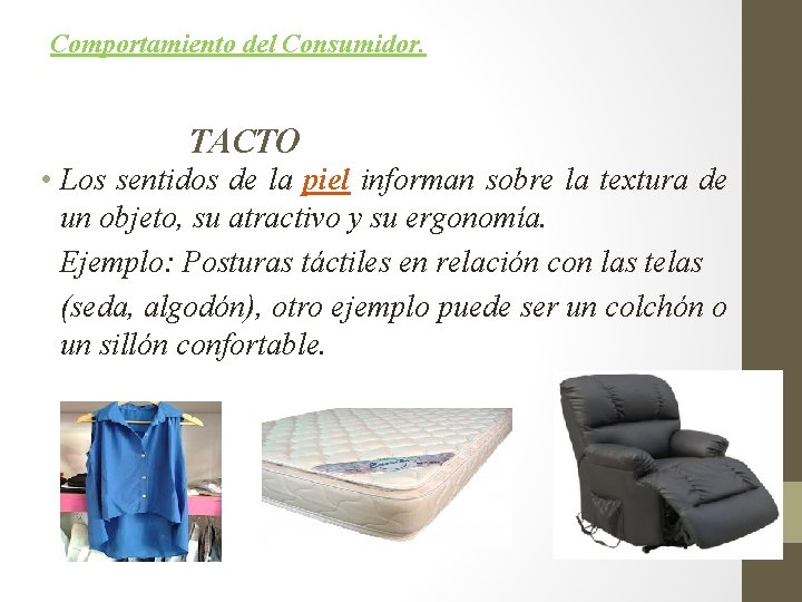 Comportamiento del Consumidor. TACTO • Los sentidos de la piel informan sobre la textura