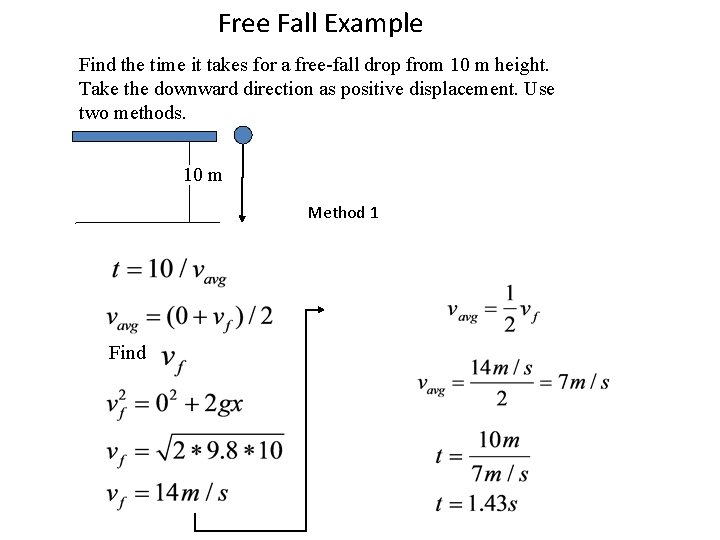 Free Fall Example Find the time it takes for a free-fall drop from 10