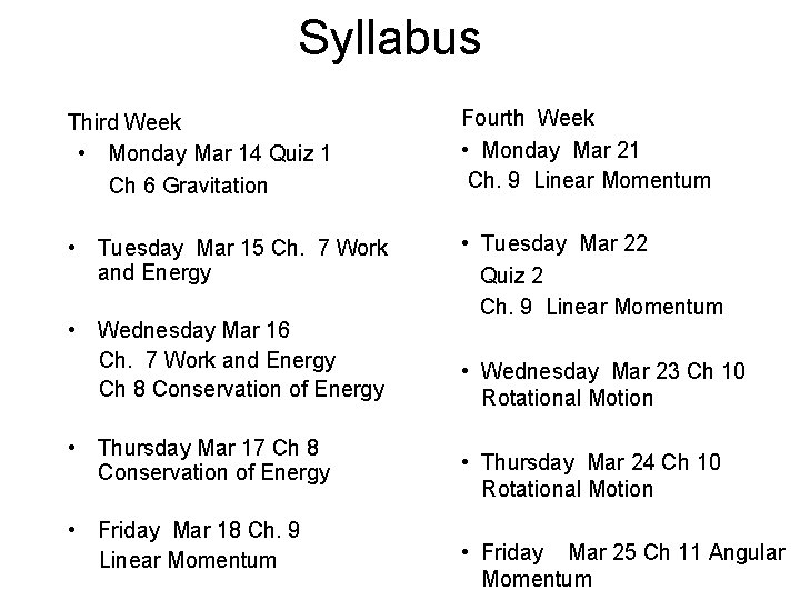 Syllabus Third Week • Monday Mar 14 Quiz 1 Ch 6 Gravitation Fourth Week