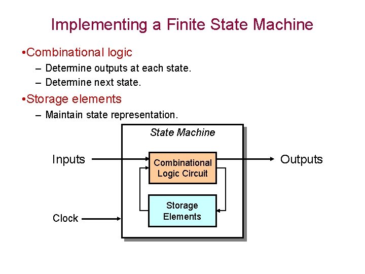 Implementing a Finite State Machine • Combinational logic – Determine outputs at each state.