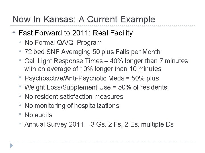 Now In Kansas: A Current Example Fast Forward to 2011: Real Facility No Formal