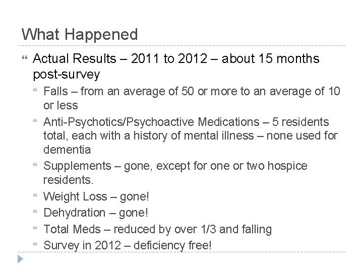 What Happened Actual Results – 2011 to 2012 – about 15 months post-survey Falls