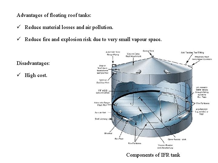 Advantages of floating roof tanks: Reduce material losses and air pollution. Reduce fire and