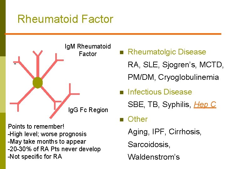 Rheumatoid Factor Ig. M Rheumatoid Factor n Rheumatolgic Disease RA, SLE, Sjogren’s, MCTD, PM/DM,