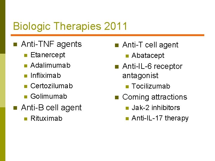 Biologic Therapies 2011 n Anti-TNF agents n n n Etanercept Adalimumab Infliximab Certozilumab Golimumab