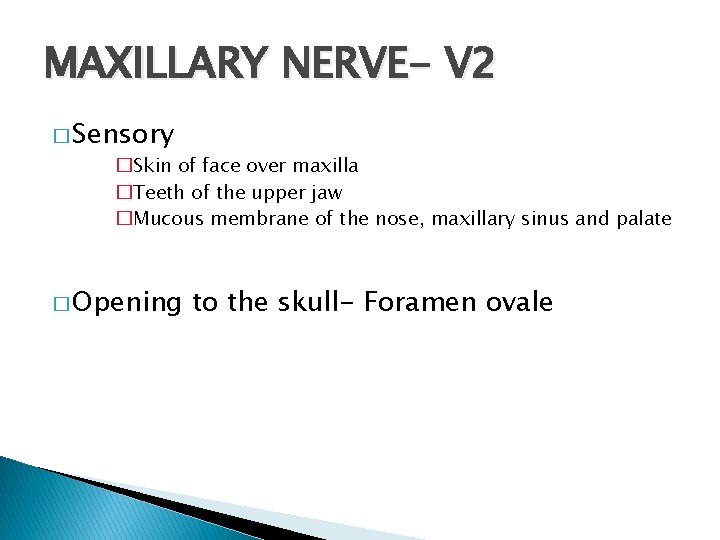 MAXILLARY NERVE- V 2 � Sensory �Skin of face over maxilla �Teeth of the MAXILLARY NERVE- V 2 � Sensory �Skin of face over maxilla �Teeth of the