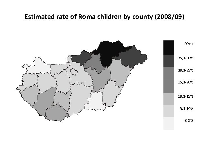 Estimated rate of Roma children by county (2008/09) 30%+ 25, 1 -30% 20, 1