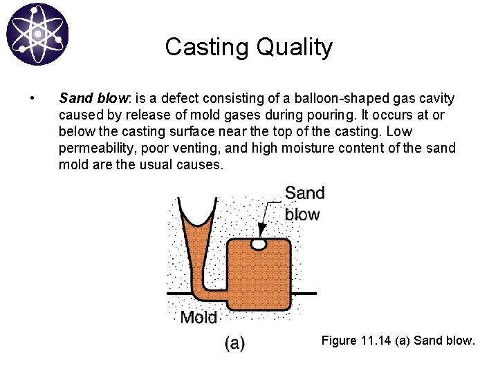 Casting Quality • Sand blow: is a defect consisting of a balloon-shaped gas cavity