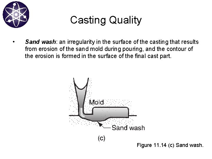 Casting Quality • Sand wash: an irregularity in the surface of the casting that