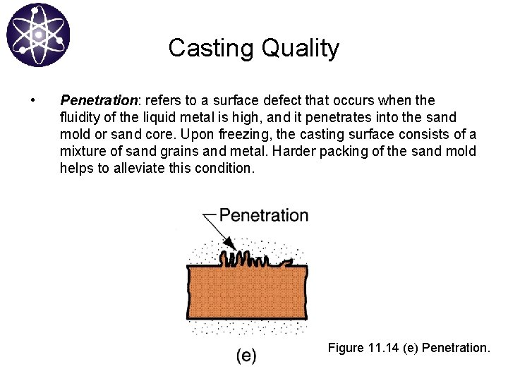 Casting Quality • Penetration: refers to a surface defect that occurs when the fluidity