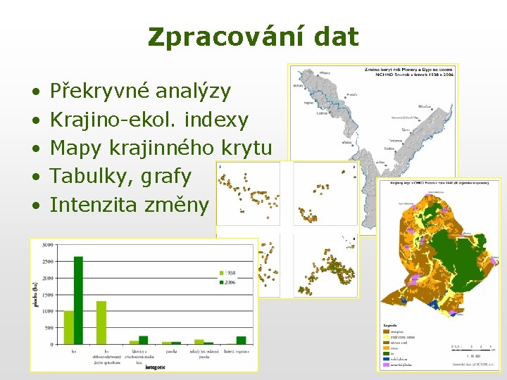 Zpracování dat • • • Překryvné analýzy Krajino-ekol. indexy Mapy krajinného krytu Tabulky, grafy