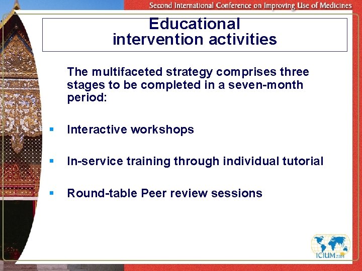 Educational intervention activities The multifaceted strategy comprises three stages to be completed in a