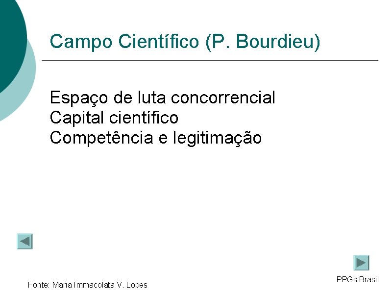 Campo Científico (P. Bourdieu) Espaço de luta concorrencial Capital científico Competência e legitimação Fonte: