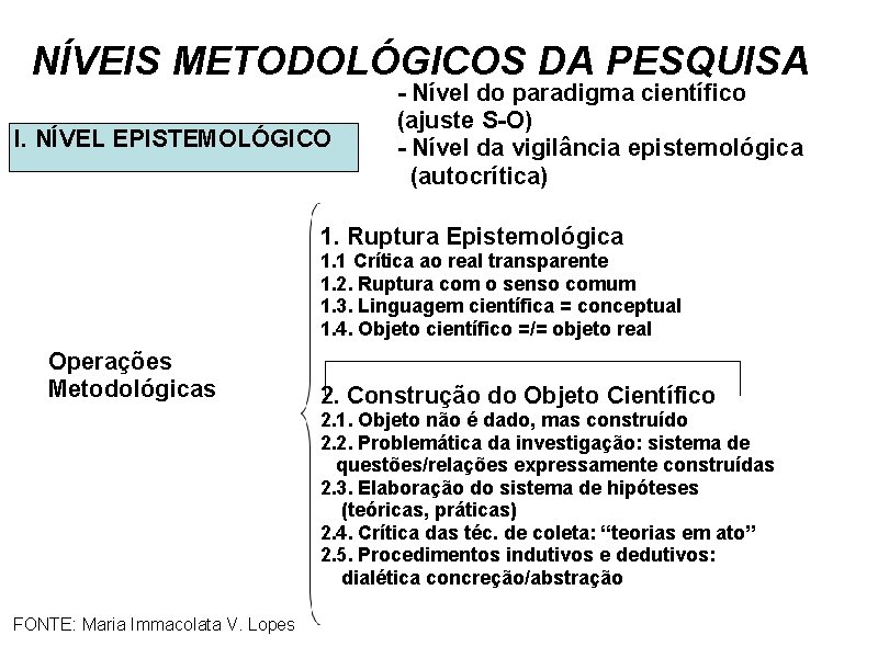 NÍVEIS METODOLÓGICOS DA PESQUISA I. NÍVEL EPISTEMOLÓGICO - Nível do paradigma científico (ajuste S-O)