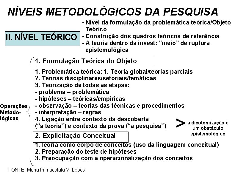 NÍVEIS METODOLÓGICOS DA PESQUISA II. NÍVEL TEÓRICO - Nível da formulação da problemática teórica/Objeto