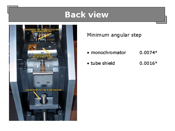 Back view Minimum angular step • monochromator 0. 0074° • tube shield 0. 0016°