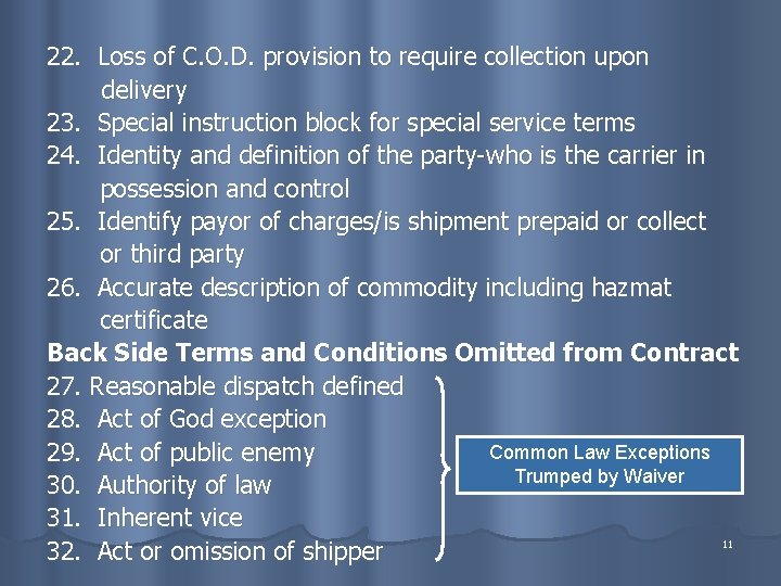 22. Loss of C. O. D. provision to require collection upon delivery 23. Special