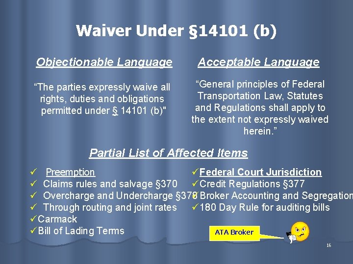 Waiver Under § 14101 (b) Objectionable Language Acceptable Language “The parties expressly waive all
