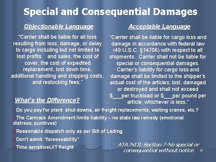 Special and Consequential Damages Objectionable Language Acceptable Language “Carrier shall be liable for all