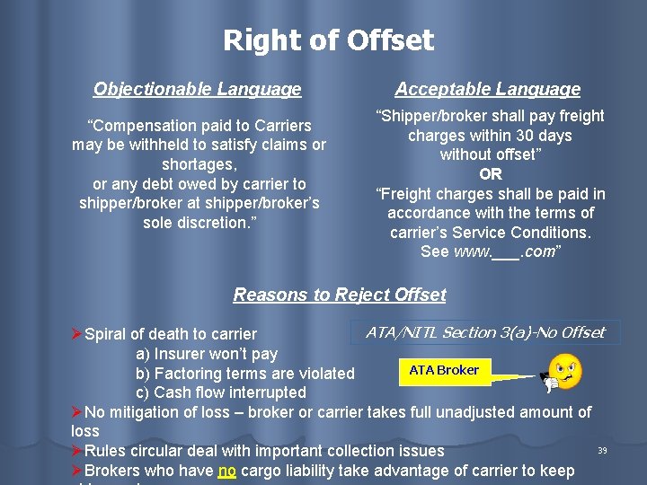 Right of Offset Objectionable Language “Compensation paid to Carriers may be withheld to satisfy