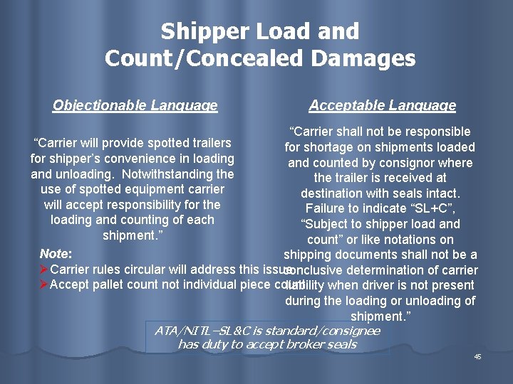 Shipper Load and Count/Concealed Damages Objectionable Language Acceptable Language “Carrier shall not be responsible