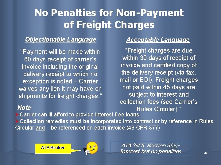 No Penalties for Non-Payment of Freight Charges Objectionable Language Acceptable Language “Payment will be