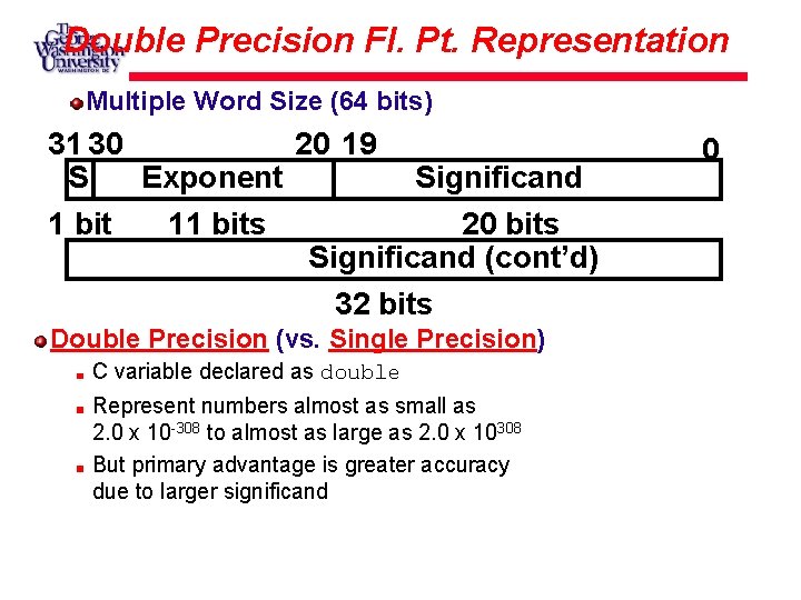 Double Precision Fl. Pt. Representation Multiple Word Size (64 bits) 31 30 20 19