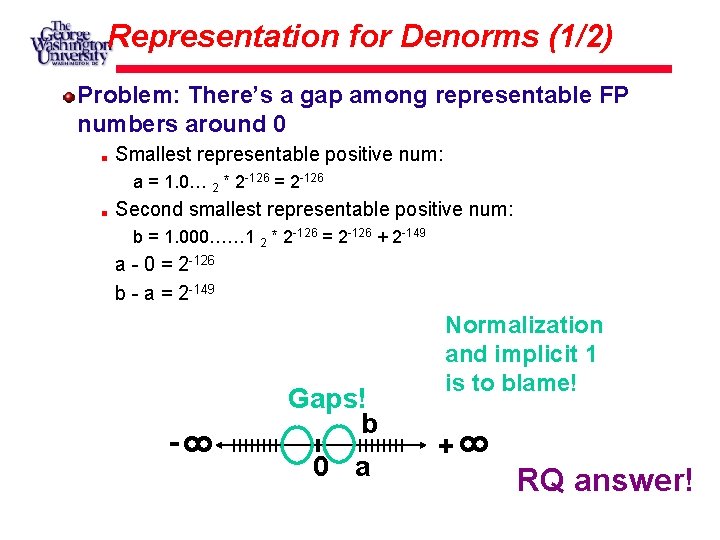 Representation for Denorms (1/2) Problem: There’s a gap among representable FP numbers around 0