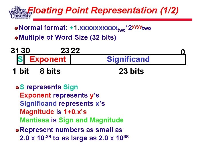 Floating Point Representation (1/2) Normal format: +1. xxxxxtwo*2 yyyytwo Multiple of Word Size (32