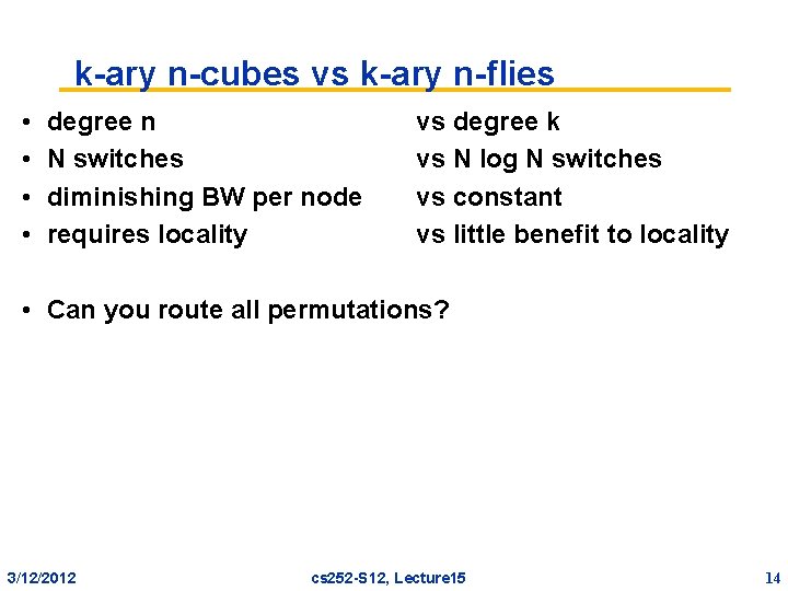 k-ary n-cubes vs k-ary n-flies • • degree n N switches diminishing BW per