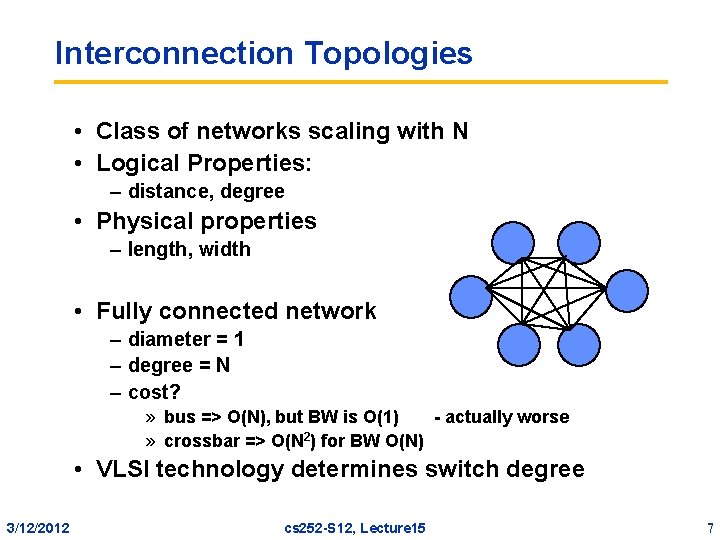 Interconnection Topologies • Class of networks scaling with N • Logical Properties: – distance,