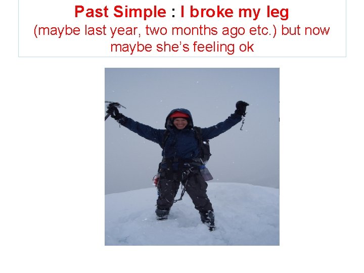 Past Simple : I broke my leg (maybe last year, two months ago etc.