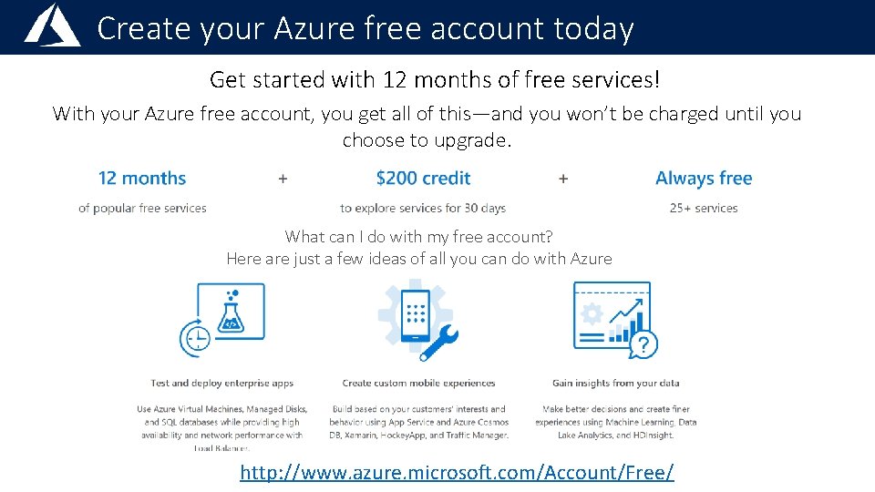 Create your Azure free account today Get started with 12 months of free services!