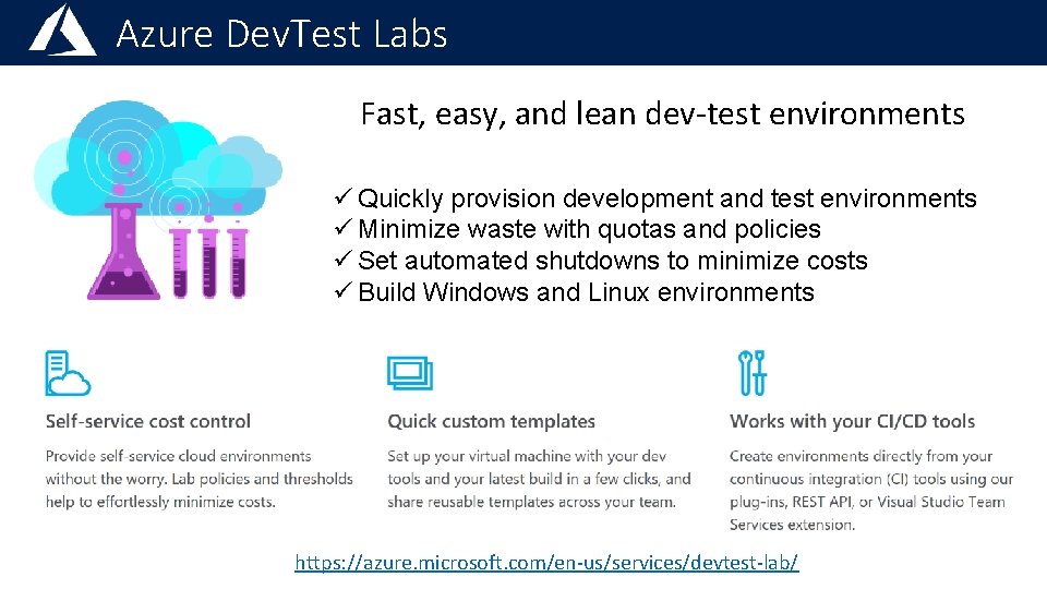 Azure Dev. Test Labs Fast, easy, and lean dev-test environments ü Quickly provision development